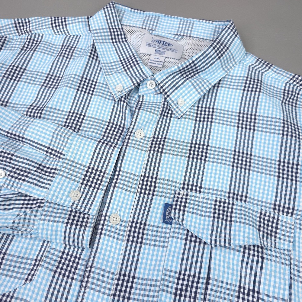 AFTCO Shirt Mens 2XL Blue Plaid Long Sleeve Performance Fishing Button Down
